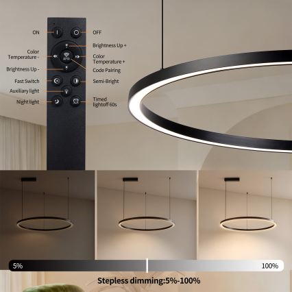 Brilagi - LED stmievateľný závesný luster PORTOFINO LED/60W/230V 3000-6000K priemer 80 cm čierny + diaľkové ovládanie