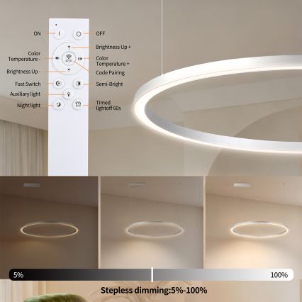 Brilagi - stmievateľný LED luster na lane PORTOFINO LED/60W/230V 3000-6000K priemer 80 cm strieborný + diaľkové ovládanie