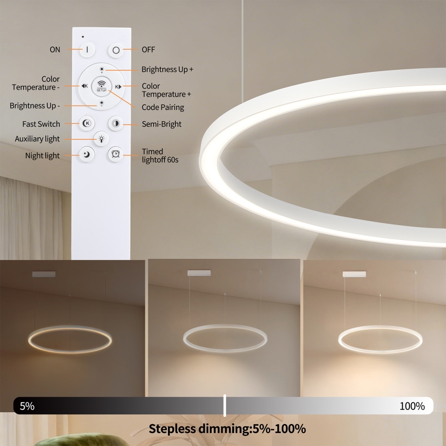 Brilagi - stmievateľný LED luster na lane PORTOFINO LED/60W/230V 3000-6000K priemer 80 cm biela + diaľkové ovládanie