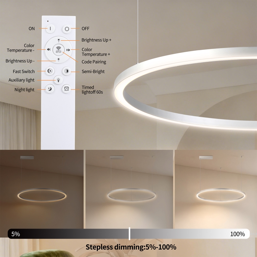 Brilagi - LED stmievateľný luster na lane PORTOFINO LED/60W/230V 3000-6000K pr. 80 cm strieborná + diaľkové ovládanie