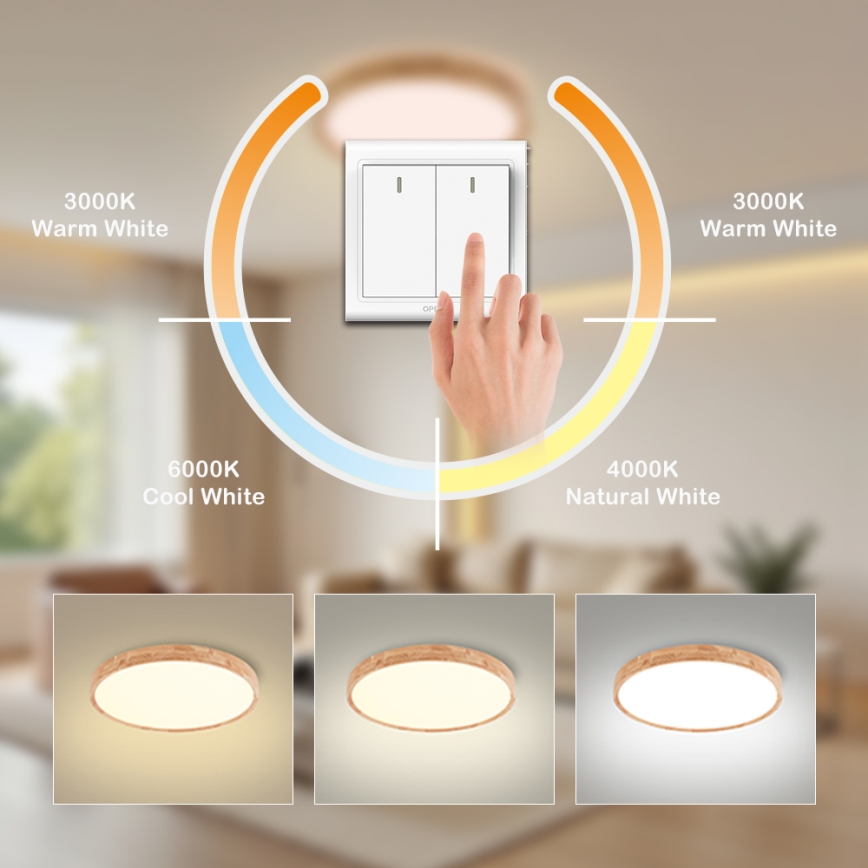 Brilagi - Drevené LED stropné svietidlo WOODROUND, 30 W, 230 V, 3000/4000/6000 K, Ø 40 cm, CRI 90