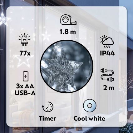 BRILAGI - LED Vianočný vonkajší záves 77xLED/3xAA/USB 1,8m IP44 studená biela