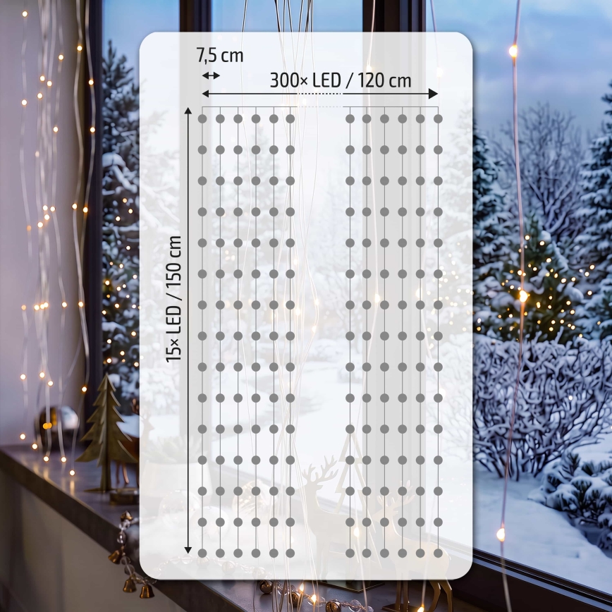 BRILAGI - LED vianočný záves 300 LED/8 funkcií/3×AA/USB 1,2 m teplá biela