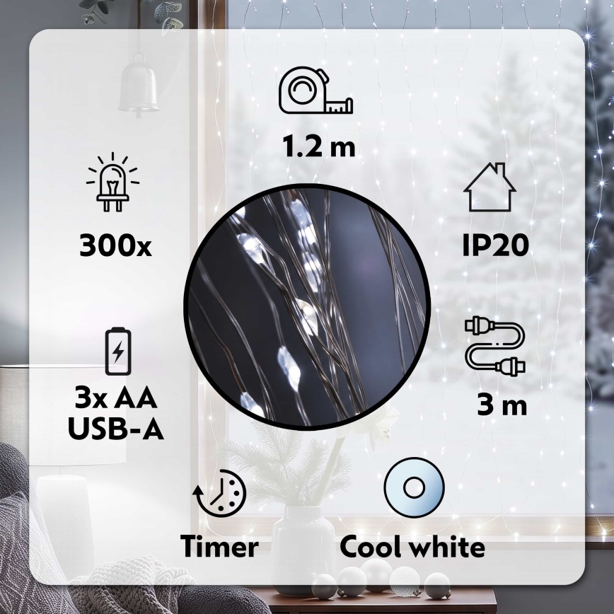 BRILAGI - LED Vianočný záves 300xLED/8 funkcí/3xAA/USB 1,2m studená biela