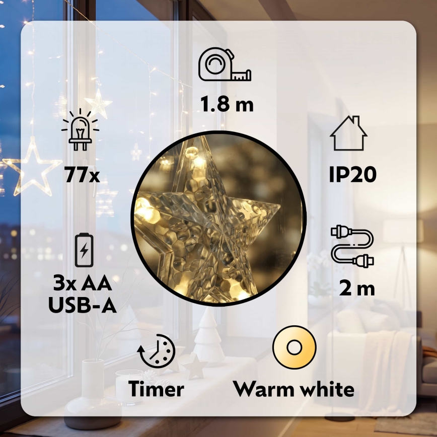 BRILAGI - LED Vianočný záves 77xLED/3xAA/USB 1,8m teplá biela