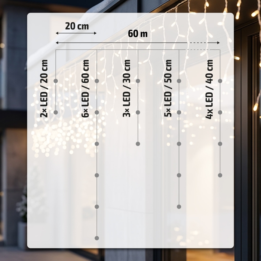 BRILAGI - LED vonkajšia vianočná reťaz 1200xLED/8 funkcií 63m IP44 teplá biela cencúle