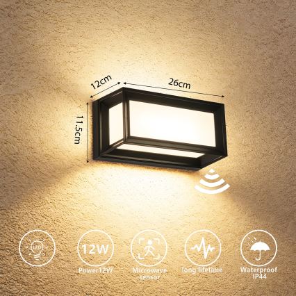 Brilagi - LED vonkajšie nástenné svietidlo so senzorom PARKER LED/12W/230V čierne IP44