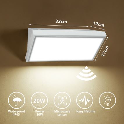 Brilagi - LED vonkajšie nástenné svietidlo so senzorom TRIANGLE LED/20W/230V biela IP65