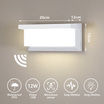 Brilagi - LED Vonkajšie nástenné svietidlo so senzorom BRICKY LED/12W/230V biela IP54