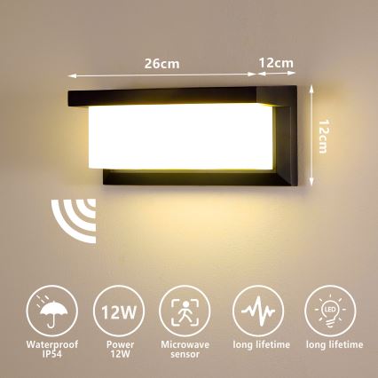 Brilagi - LED Vonkajšie nástenné svietidlo so senzorom BRICKY LED/12W/230V čierna IP54