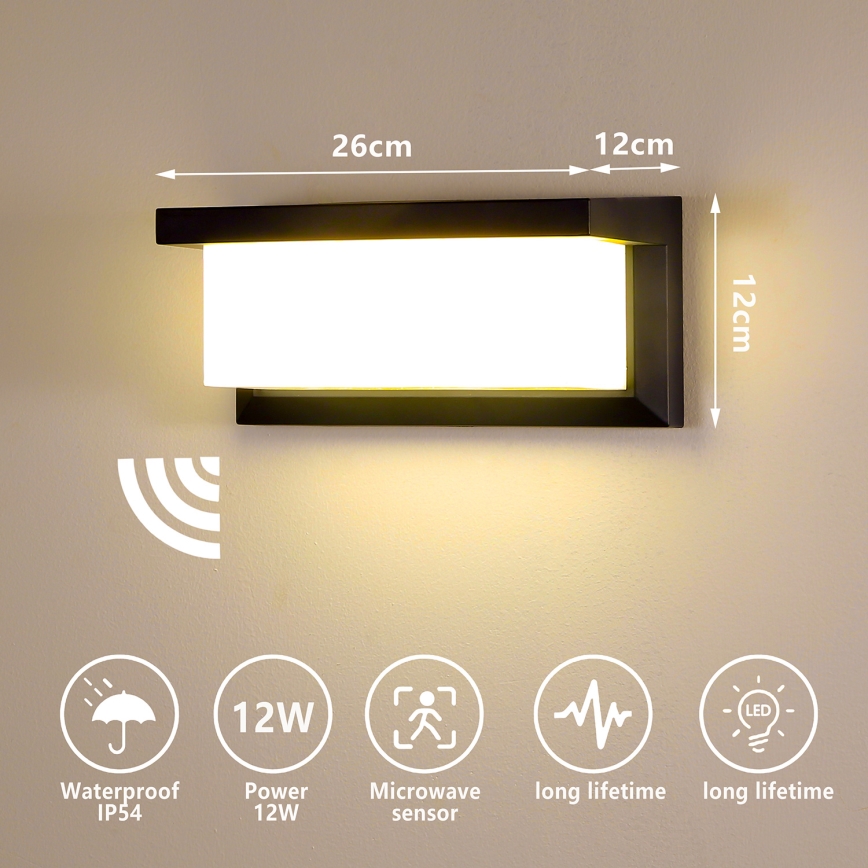 Brilagi - LED Vonkajšie nástenné svietidlo so senzorom BRICKY LED/12W/230V čierna IP54