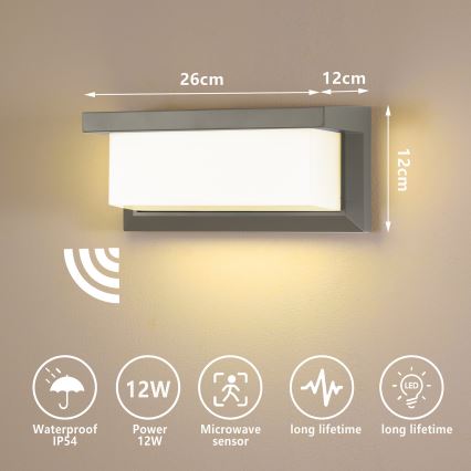 Brilagi - LED Vonkajšie nástenné svietidlo so senzorom BRICKY LED/12W/230V šedá IP54