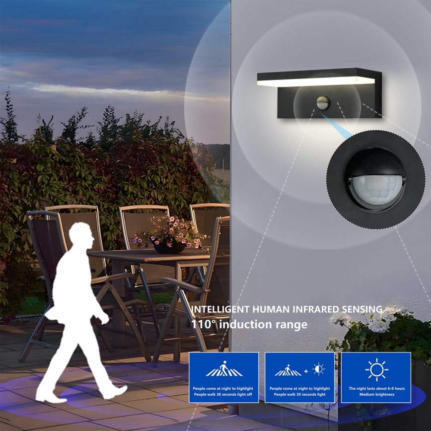 Brilagi - LED vonkajšie nástenné svietidlo so senzorom TESSI LED/10W/230V čierne IP54