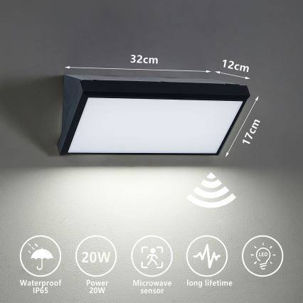 Brilagi - Vonkajšie nástenné LED svietidlo so senzorom TRIANGLE LED/20W/230V, čierne, IP65