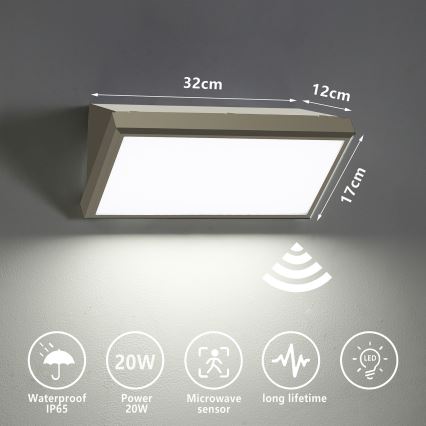 Brilagi - LED vonkajšie nástenné svietidlo so senzorom TRIANGLE LED/20W/230V sivé IP65