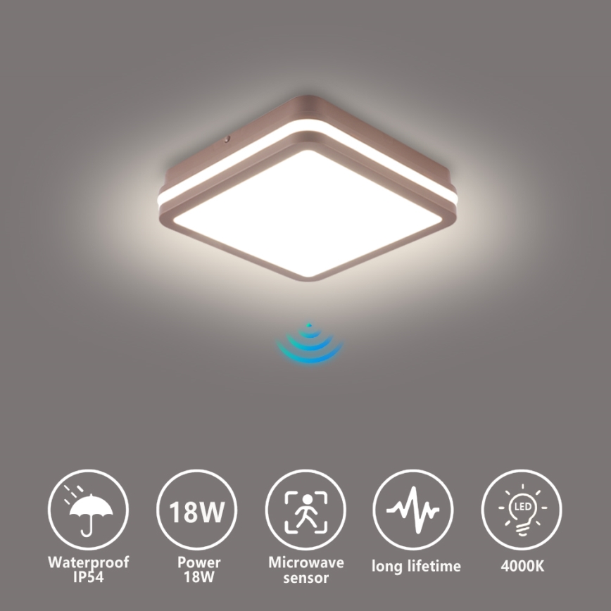 Brilagi - LED vonkajšie stropné svietidlo so senzorom BENE LED/18W/230V 21,5x21,5 cm hnedé IP54