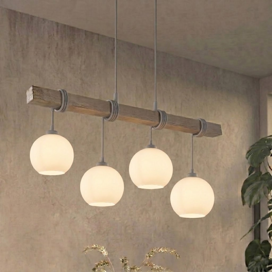 BRILAGI - Luster na lanku WOOD GLASS 4xE27/60W/230V borovica/šedá/biela