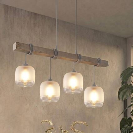 BRILAGI - Luster na lanku WOOD GLASS 4xE27/60W/230V borovica/sivá/biela