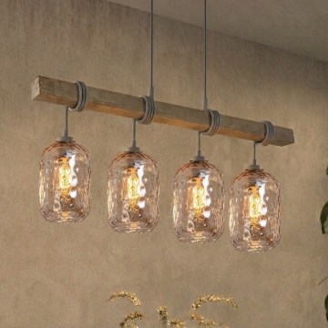 BRILAGI - Luster na lanku WOOD GLASS 4xE27/60W/230V borovica/sivá/dymová hnedá