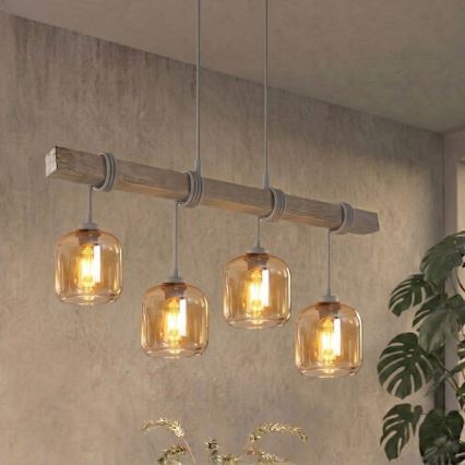 BRILAGI - Luster na lanku WOOD GLASS 4xE27/60W/230V borovica/šedá/dymová hnedá