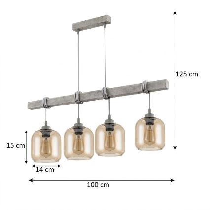 BRILAGI - Luster na lanku WOOD GLASS 4xE27/60W/230V borovica/šedá/dymová hnedá