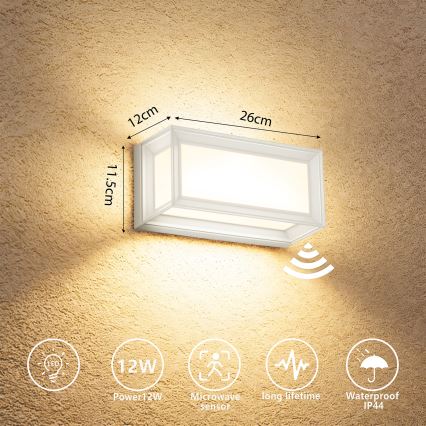Brilagi - LED vonkajšie nástenné svietidlo so senzorom PARKER LED/12W/230V biele IP44