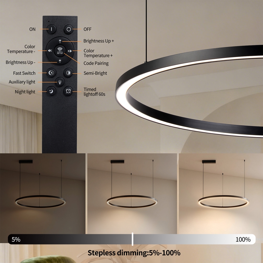 Brilagi - LED stmievateľný luster na lanku PORTOFINO LED/60W/230V 3000-6000K pr. 80 cm čierna + diaľkové ovládanie