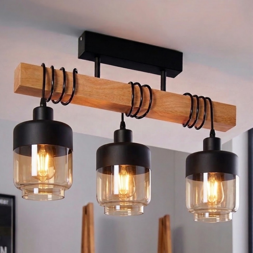BRILAGI - Prisadený luster WOOD GLASS 3xE27/60W/230V borovica/čierna/dýmová hnedá