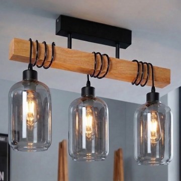 BRILAGI - Prisadený luster WOOD GLASS 3xE27/60W/230V borovica/čierna/dymová šedá