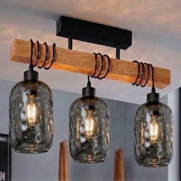 BRILAGI - Prisadený luster WOOD GLASS 3xE27/60W/230V borovica/čierna/dymová sivá