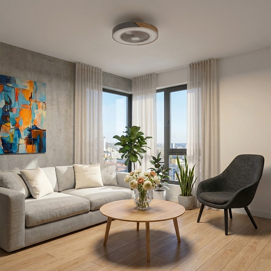 Brilagi - Stmievateľné LED stropné svietidlo s ventilátorom LED/38W/230V 3000-6500K 3000-6500K priemer 50 cm sivá/dub + diaľkové ovládanie
