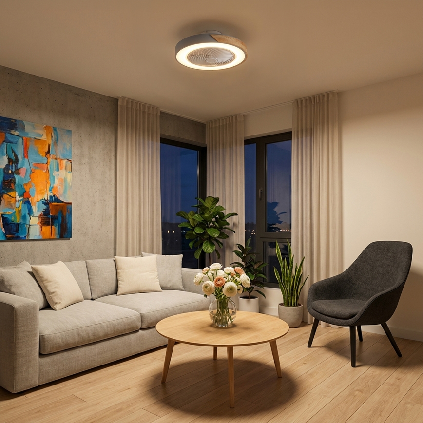 Brilagi - Stmievateľné LED stropné svietidlo s ventilátorom LED/38W/230V 3000-6500K 3000-6500K priemer 50 cm sivá/dub + diaľkové ovládanie