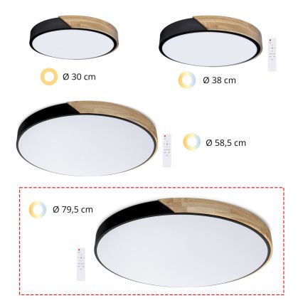 Brilagi - LED stmievateľné stropné svietidlo PILANA LED/72W/230V 3000-6500K dub/čierna priemer 80 cm + diaľkové ovládanie