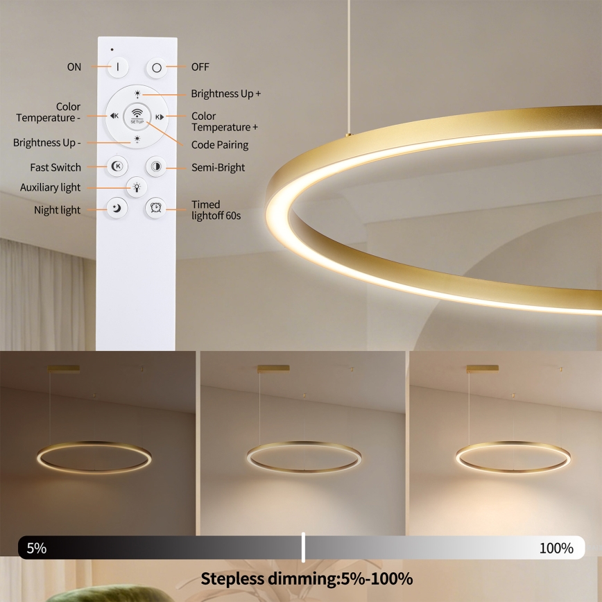 Brilagi - LED stmievateľný luster na lane PORTOFINO LED/60W/230V 3000–6000K pr. 80 cm zlatý + diaľkové ovládanie
