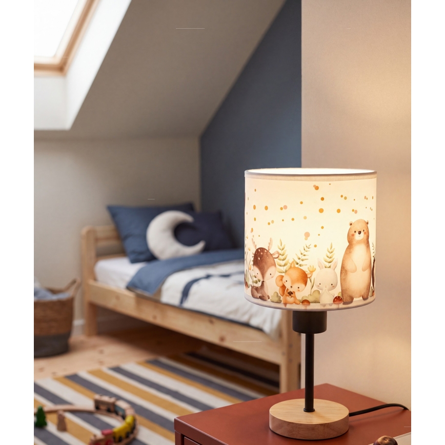 BRILAGI - Detská stolná lampa BOBO WOOD 1xE27/25W/230V dub/čierna/biela/zvieratká