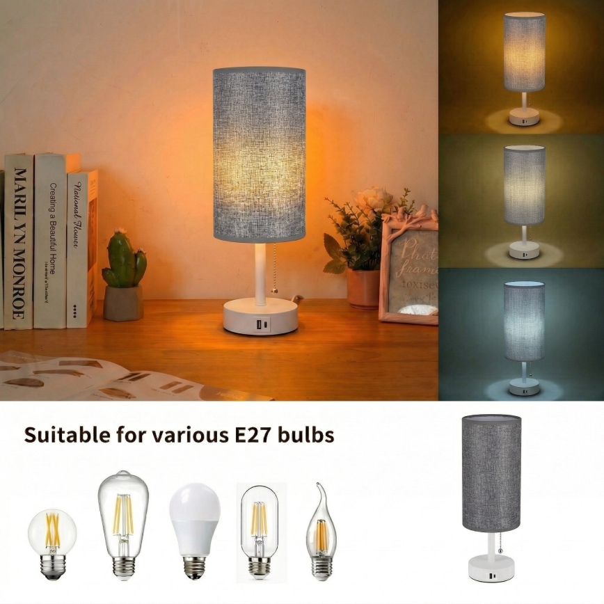 Brilagi - Stolná lampa s USB portom TABLON 1xE27/25W/230V biela/sivá