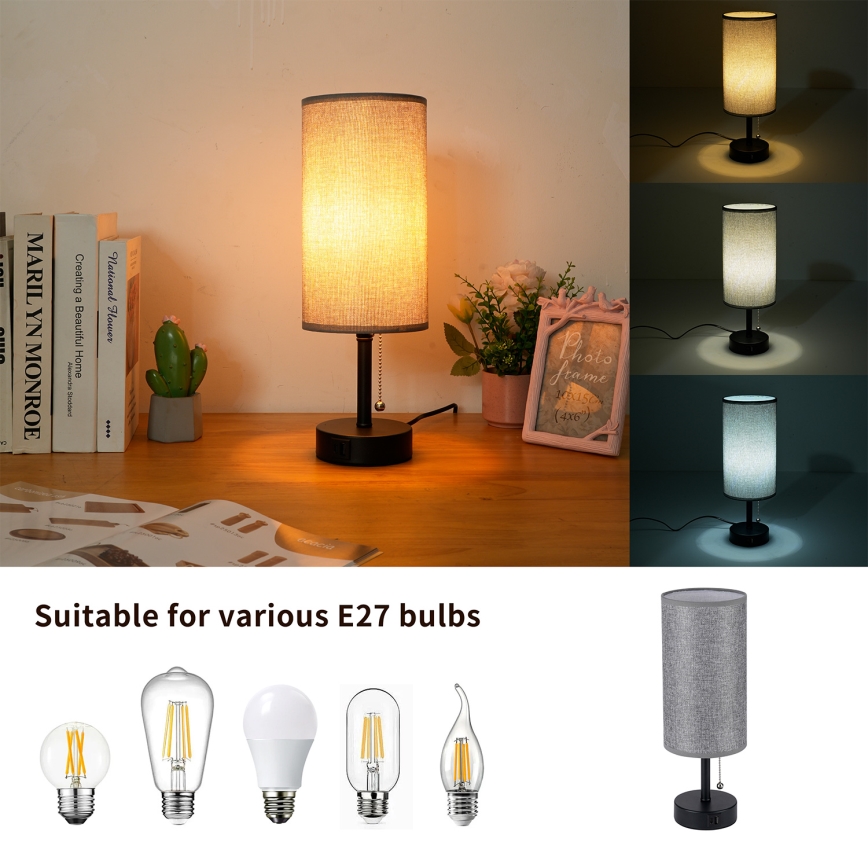 Brilagi - Stolná lampa s USB portom TABLON 1xE27/25W/230V čierna/sivá