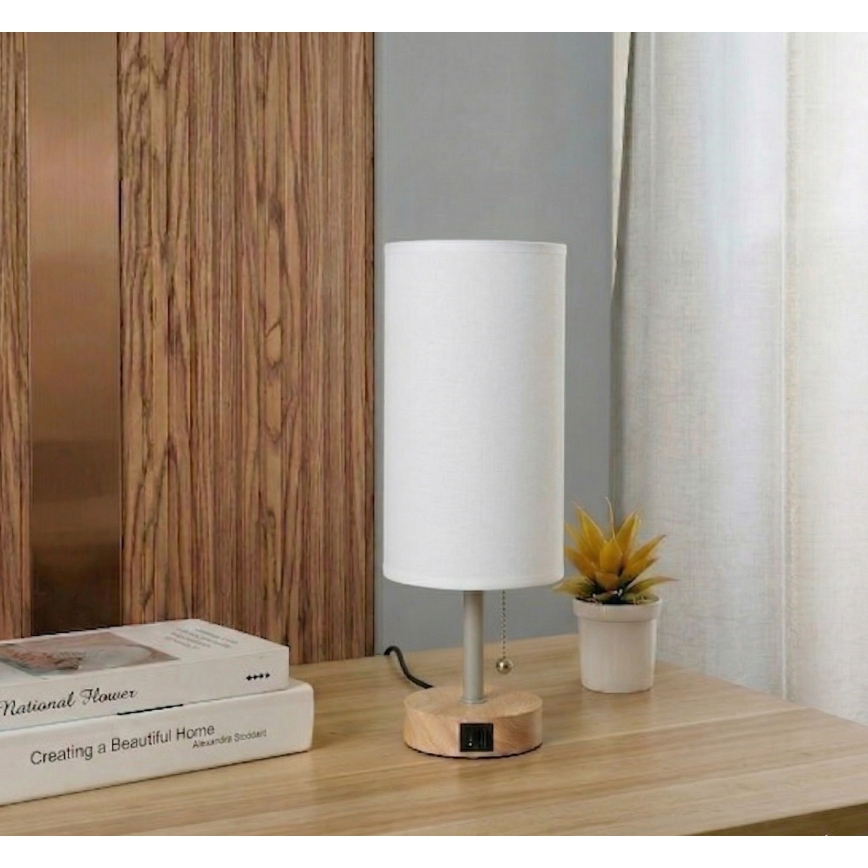 Brilagi - Stolná lampa s USB portom TABLON 1xE27/25W/230V dub/béžová/biela