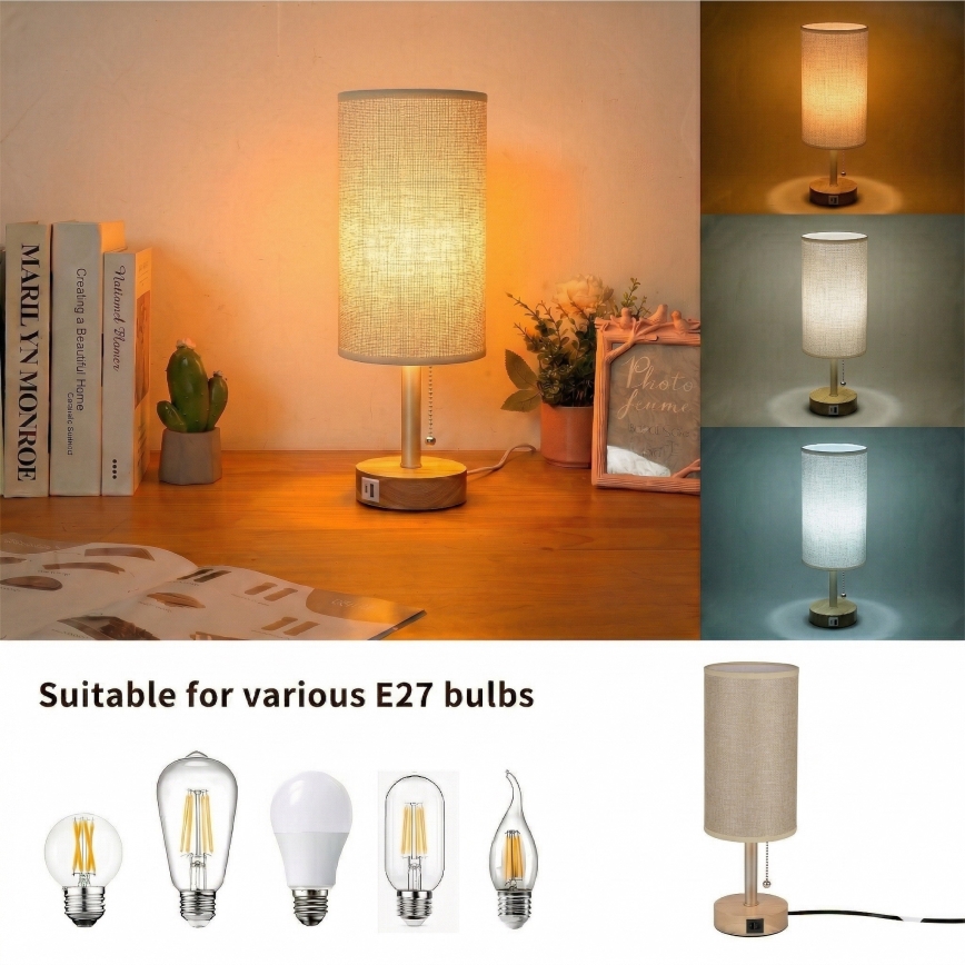 Brilagi - Stolná lampa s USB portom TABLON 1xE27/25W/230V dub/béžová