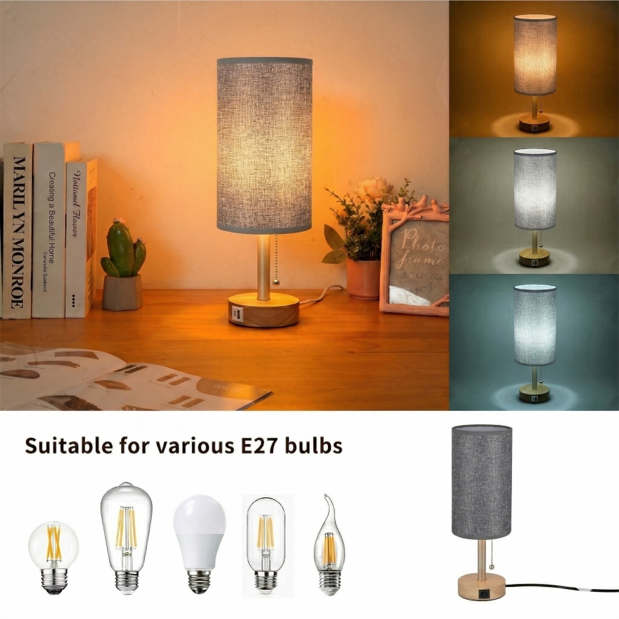 Brilagi - Stolná lampa s USB portom TABLON 1xE27/25W/230V dub/béžová/sivá