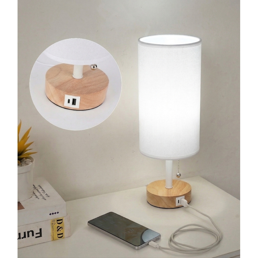 Brilagi - Stolná lampa s USB portom TABLON 1xE27/25W/230V dub/biela