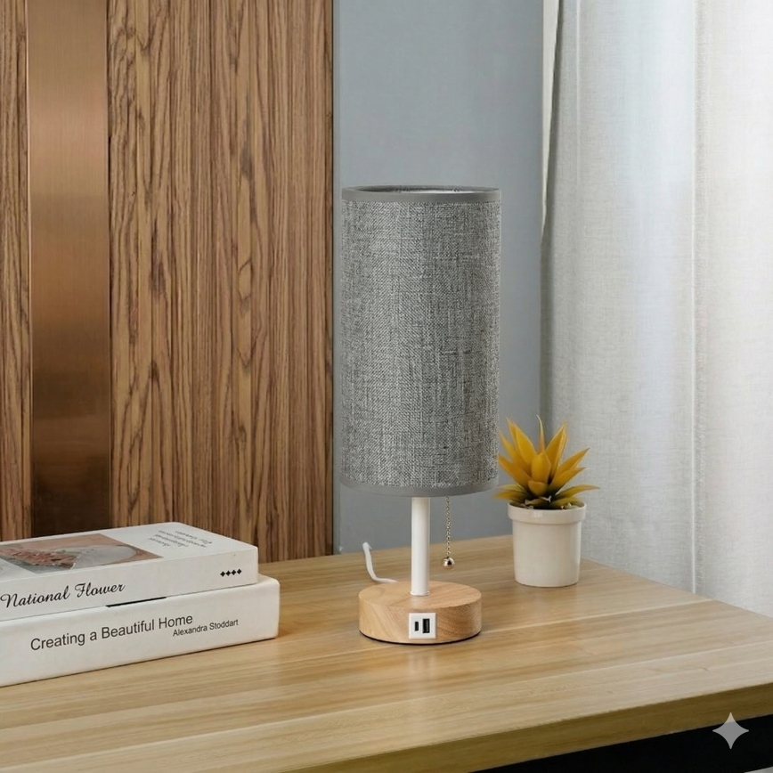 Brilagi - Stolná lampa s USB portom TABLON 1xE27/25W/230V dub/biela/šedá