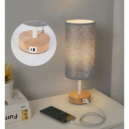 Brilagi - Stolná lampa s USB portom TABLON 1xE27/25W/230V dub/biela/šedá