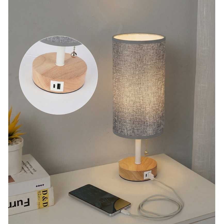 Brilagi - Stolná lampa s USB portom TABLON 1xE27/25W/230V dub/biela/šedá