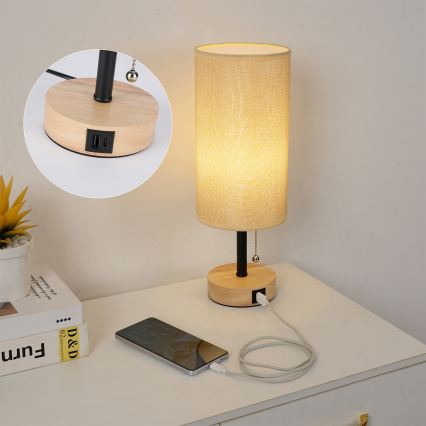 Brilagi - Stolná lampa s USB portom TABLON 1xE27/25W/230V dub/čierna/béžová