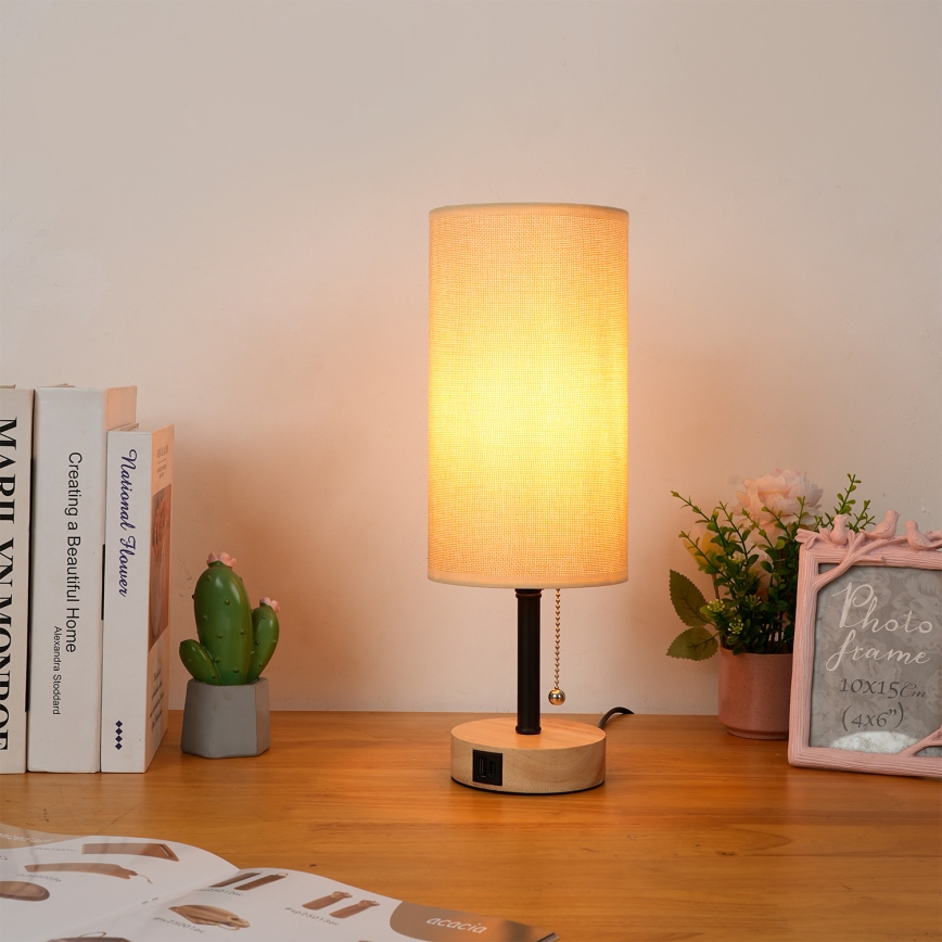 Brilagi - Stolná lampa s USB portom TABLON 1xE27/25W/230V dub/čierna/béžová