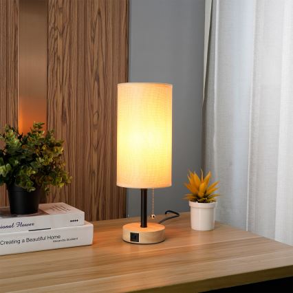Brilagi - Stolná lampa s USB portom TABLON 1xE27/25W/230V dub/čierna/béžová
