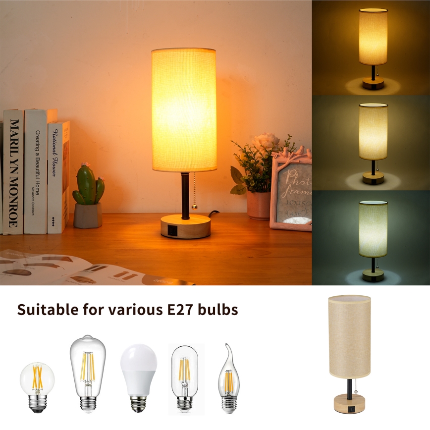 Brilagi - Stolná lampa s USB portom TABLON 1xE27/25W/230V dub/čierna/béžová