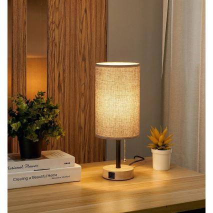 Brilagi - Stolná lampa s USB portom TABLON 1xE27/25W/230V dub/čierna/sivá