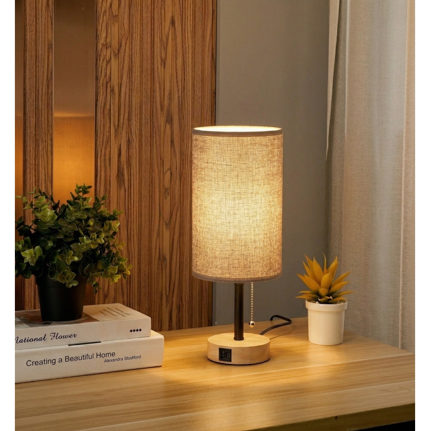 Brilagi - Stolná lampa s USB portom TABLON 1xE27/25W/230V dub/čierna/sivá